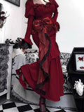 Vintage Mermaid Sweetheart Long Sleeves Burgundy Black Lace Summer 18th Birthday Dress Lolita Dress Birthday Outfits HZ1121