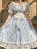 Sweet A line Blue Lace Tulle Short Sleeves 16th Birthday Dress Lolita Dresses Summer Birthday Outfits HZ1121