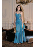 Elegant Mermaid Spaghetti Straps Blue Satin Long Prom Dresses Party Dress 21st Birthday Outfits Graduation Dresses HZ1121