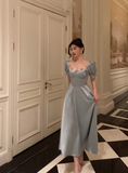 Vintage A line Square Blue Satin Prom Dresses Ruffles Evening Gowns Evening Dress HZ1121