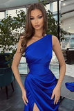 Pretty Mermaid One Shoulder Black Slit Satin Party Dresses Formal Summer Wedding Guest Dresses Wedding Guest Outfits HZ1121
