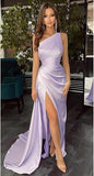Pretty Mermaid One Shoulder Black Slit Satin Party Dresses Formal Summer Wedding Guest Dresses Wedding Guest Outfits HZ1121