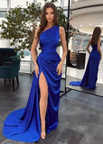 Pretty Mermaid One Shoulder Black Slit Satin Party Dresses Formal Summer Wedding Guest Dresses Wedding Guest Outfits HZ1121