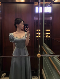 Vintage A line Square Blue Satin Prom Dresses Ruffles Evening Gowns Evening Dress HZ1121
