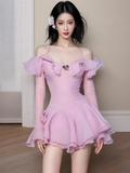 Simple A line Off The Shoulder Pink Chiffon Short Homecoming Dress Summer Hoco Dresses Mini Cocktail Dress HZ1121