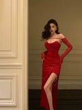 Sexy Sheath Strapless Red Slit Sleeveless Prom Dresses Party Dress Summer Birthday Outfits 20th Birthday Dresses HZ1121