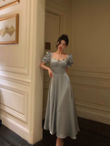 Vintage A line Square Blue Satin Prom Dresses Ruffles Evening Gowns Evening Dress HZ1121