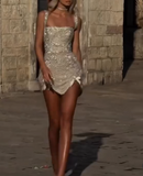 Trendy Sheath Square Neck Champagne Beads Sequin Mini Short Formal 8th Grade Homecoming Dresses Middle School Short Cocktail Dress Hoco Outfits HZ1121