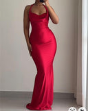 Pretty Mermaid Halter Red Satin Prom Dresses Black Girl Graduation Dress HZ1121
