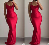 Pretty Mermaid Halter Red Satin Prom Dresses Black Girl Graduation Dress HZ1121