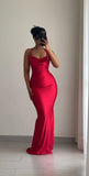 Pretty Mermaid Halter Red Satin Prom Dresses Black Girl Graduation Dress HZ1121
