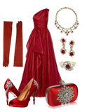 Gorgeous A line One Shoulder Red Chiffon Birthday Dress Prom Dress Graduation Dresses HZ1121