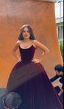 Sexy Ball Gown Strapless Velvet Burgundy Ruffles Long Birthday Dress Birthday Outfits Graduation Dresses HZ1121