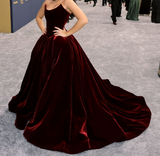 Sexy Ball Gown Strapless Velvet Burgundy Ruffles Long Birthday Dress Birthday Outfits Graduation Dresses HZ1121