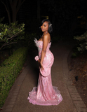 Gorgeous Mermaid Sweetheart Pink Satin Sequin Long Prom Dress Party Dress Graduation Dresses HZ1121