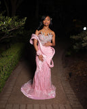 Gorgeous Mermaid Sweetheart Pink Satin Sequin Long Prom Dress Party Dress Graduation Dresses HZ1121