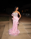 Gorgeous Mermaid Sweetheart Pink Satin Sequin Long Prom Dress Party Dress Graduation Dresses HZ1121