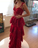 Elegant A Line Spaghetti Straps Red Lace Sleeveless Long Evening Party Gowns Evening Formal Dresses Prom Dress HZ1121