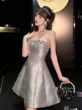 Cute A Line Strapless Gray Satin Mini Short Formal 8th Grade Homecoming Dresses Summer Middle School Hoco Dress Homecoming Outfits Birthday Outfit HZ1121