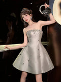Cute A Line Strapless Gray Satin Mini Short Formal 8th Grade Homecoming Dresses Summer Middle School Hoco Dress Homecoming Outfits Birthday Outfit HZ1121