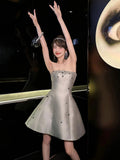 Cute A Line Strapless Gray Satin Mini Short Formal 8th Grade Homecoming Dresses Summer Middle School Hoco Dress Homecoming Outfits Birthday Outfit HZ1121
