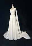 Vintage Bridal Gown 1960s A line One Shoulder Sleeveless Chiffon Pleated Beads Long White Wedding Dresses Elegant Bridal Gowns HZ1121