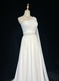 Vintage Bridal Gown 1960s A line One Shoulder Sleeveless Chiffon Pleated Beads Long White Wedding Dresses Elegant Bridal Gowns HZ1121