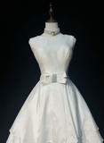 Vintage Bridal Gown 1960s High Low Scoop Sleeveless Pleated Bow-knot Beads White Short Wedding Dresses Elegant Bridal Gowns HZ1121