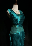 Vintage Sheath V Neck Green Satin Mother Of Bride Dress Party Gown Knee Length For Summer Women HZ1121
