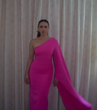 Elegant Sheath One Shoulder Hot Pink Chiffon Long Prom Dresses Party Dress Summer 22th Birthday Outfits 21st Birthday Dresses HZ1121