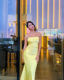 Elegant Sheath Strapless Yellow Satin Long Prom Dresses Party Dress Summer 20th Birthday Outfits 18th Birthday Dresses HZ1121