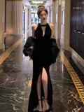 Elegant Mermaid Scoop Neck Black Velvet Long Prom Dresses Party Dress Summer 22th Birthday Outfits 18th Birthday Dresses HZ1121