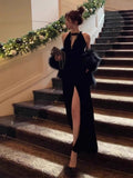 Elegant Mermaid Scoop Neck Black Velvet Long Prom Dresses Party Dress Summer 22th Birthday Outfits 18th Birthday Dresses HZ1121