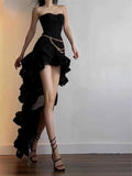 Elegant High Low Strapless Black Long Prom Dresses Party Dress Summer 22th Birthday Outfits 18th Birthday Dresses HZ1121
