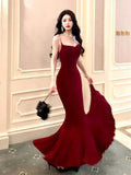Elegant Mermaid Spaghetti Straps Burgundy Long Prom Dresses Party Dress Summer 22th Birthday Outfits 18th Birthday Dresses HZ1121