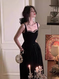 Elegant A Line Spaghetti Straps Black Velvet Prom Dresses Party Dress Summer 22th Birthday Outfits 18th Birthday Dresses HZ1121