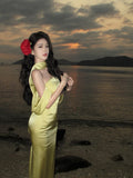 Elegant Mermaid Off The Shoulder Yellow Satin Prom Dresses Party Dress Summer 22th Birthday Outfits 18th Birthday Dresses HZ1121