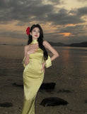 Elegant Mermaid Off The Shoulder Yellow Satin Prom Dresses Party Dress Summer 22th Birthday Outfits 18th Birthday Dresses HZ1121