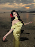 Elegant Mermaid Off The Shoulder Yellow Satin Prom Dresses Party Dress Summer 22th Birthday Outfits 18th Birthday Dresses HZ1121