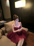 Sexy A line Spaghetti Straps Burgundy Tulle Mini Short Formal 8th Grade Homecoming Dresses Summer Middle School Hoco Dress Homecoming Outfits Birthday Outfit HZ1121