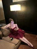 Sexy A line Spaghetti Straps Burgundy Tulle Mini Short Formal 8th Grade Homecoming Dresses Summer Middle School Hoco Dress Homecoming Outfits Birthday Outfit HZ1121