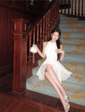 Sexy A line Halter Chiffon White Mini Short Formal 8th Grade Homecoming Dresses Summer Middle School Hoco Dress Homecoming Outfits Birthday Outfit HZ1121