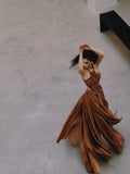Elegant A Line Halter Brown Chiffon Sleeveless Long Evening Party Gowns Evening Formal Dresses Prom Dress HZ1121