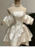 Pretty Ball Gown Off The Shoulder White Satin Mini Short Formal 8th Grade Homecoming Dresses Summer Middle School Hoco Dress Birthday Outfits HZ1121