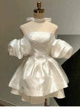 Pretty Ball Gown Off The Shoulder White Satin Mini Short Formal 8th Grade Homecoming Dresses Summer Middle School Hoco Dress Birthday Outfits HZ1121