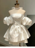 Pretty Ball Gown Off The Shoulder White Satin Mini Short Formal 8th Grade Homecoming Dresses Summer Middle School Hoco Dress Birthday Outfits HZ1121