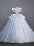 Romantic Bridal Gown Ball Gown High Neck Blue Lace Long Wedding Dresses Minimalist Bridal Gowns HZ1121