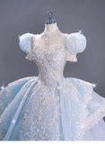Romantic Bridal Gown Ball Gown High Neck Blue Lace Long Wedding Dresses Minimalist Bridal Gowns HZ1121