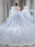 Romantic Bridal Gown Ball Gown High Neck Blue Lace Long Wedding Dresses Minimalist Bridal Gowns HZ1121