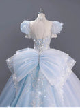 Romantic Bridal Gown Ball Gown High Neck Blue Lace Long Wedding Dresses Minimalist Bridal Gowns HZ1121
